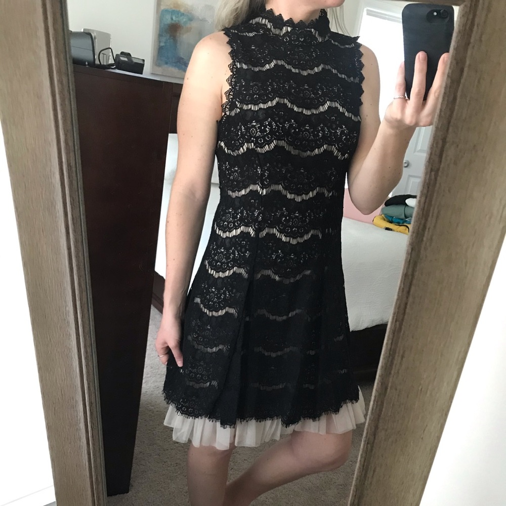 Three Pink Hearts Black Lace Dress